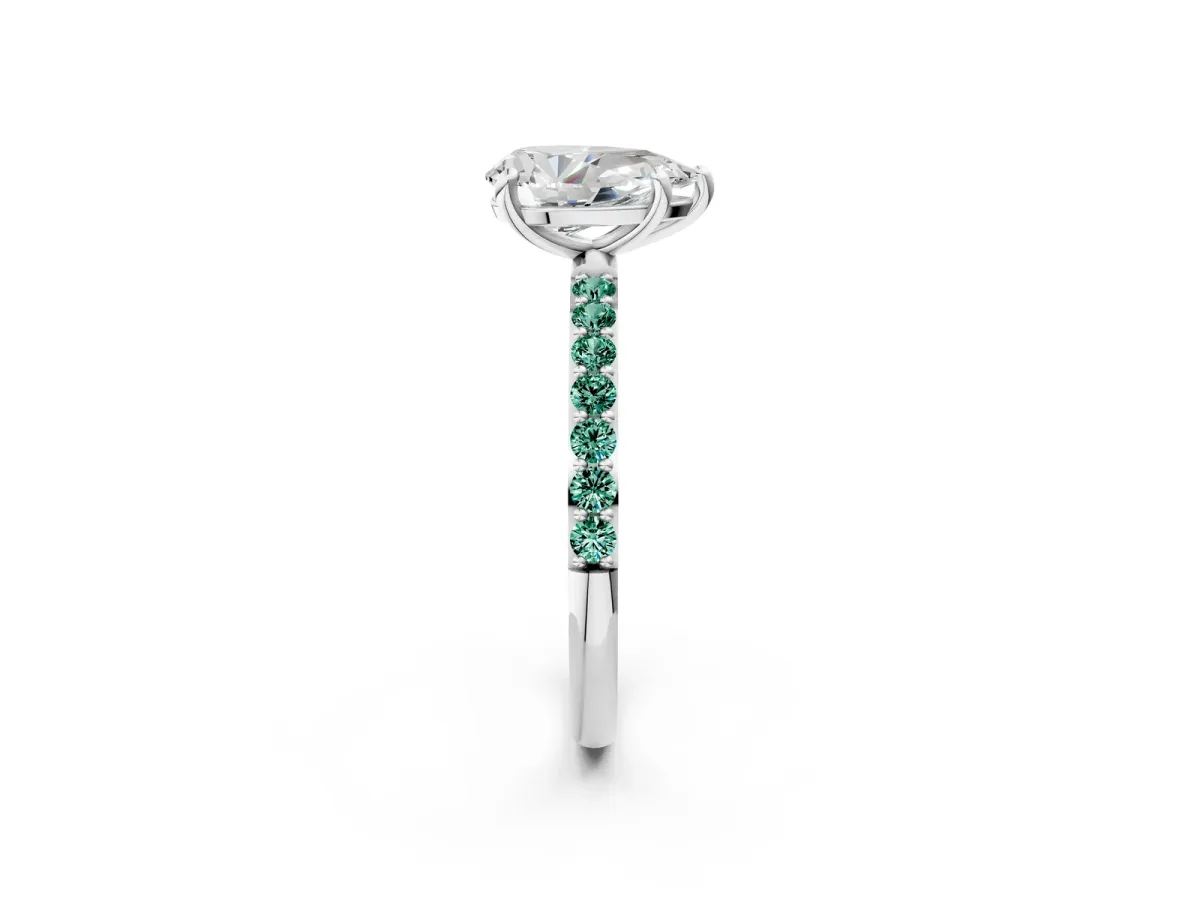 Pear Cut Diamond Solitaire Ring with Round Green Sapphire Pavé Band and Prong Setting Platinum