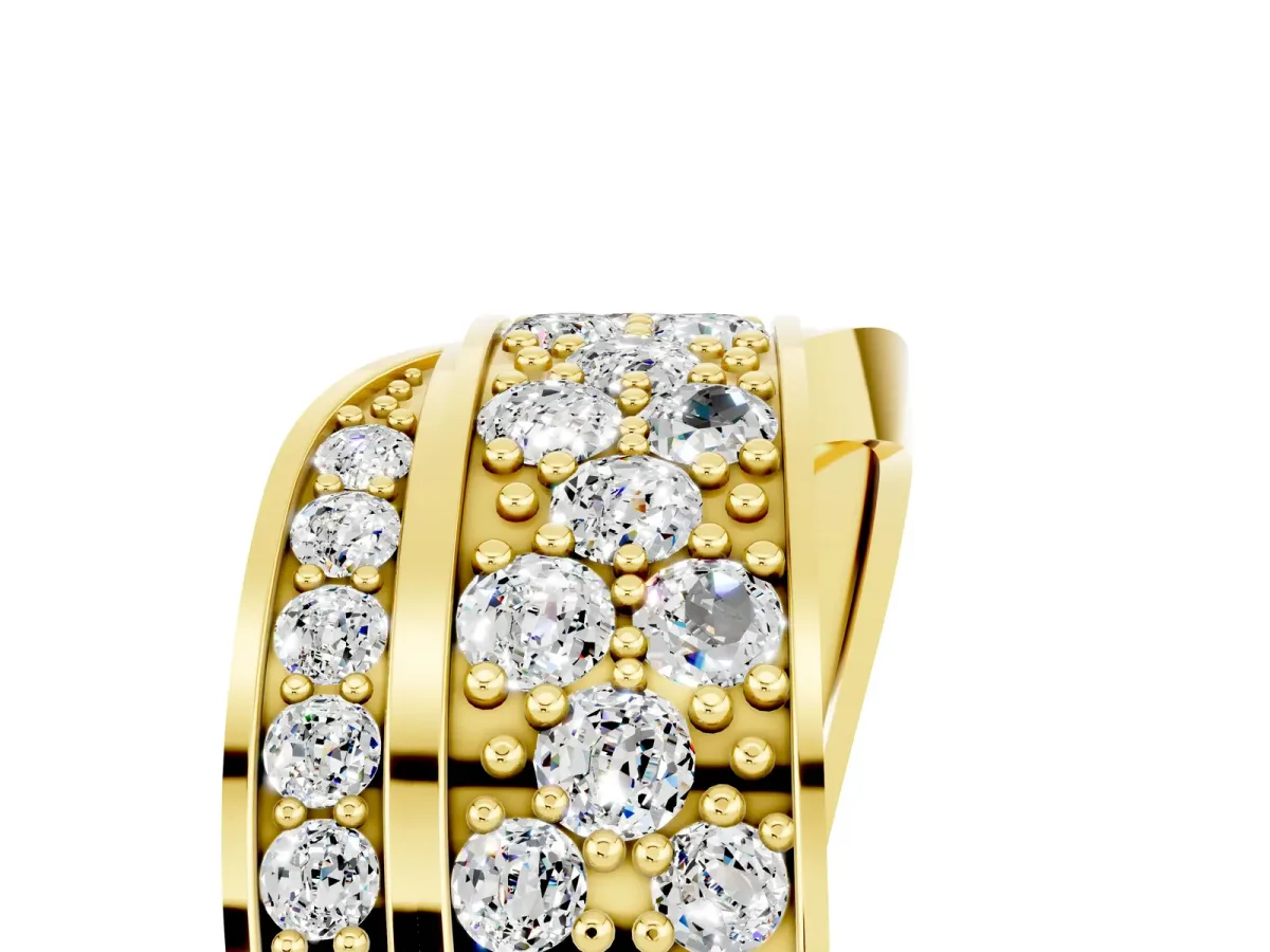 Pavé Round Moissanite Crossover Band with Bead Prong Setting Yellow gold