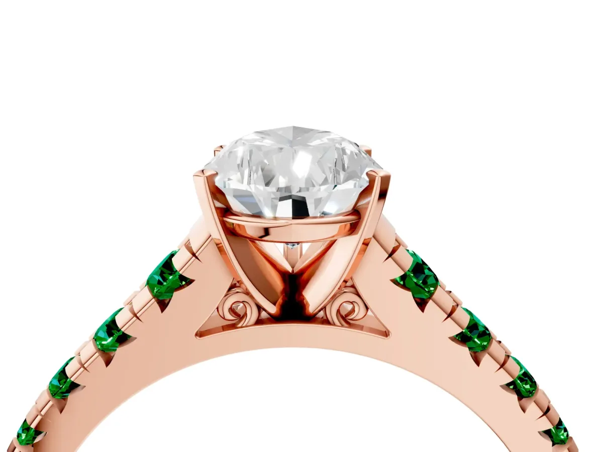 Pear Cut Diamond Cathedral Solitaire Ring with Round Emerald Pavé Band Rose gold