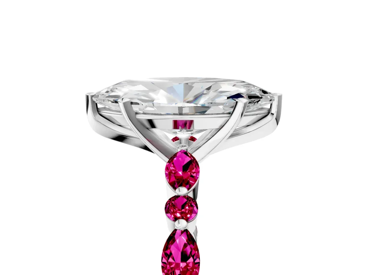 Marquise Cut Diamond Ring with Marquise and Round Garnet Side Stones and Four-Prong Setting Silver