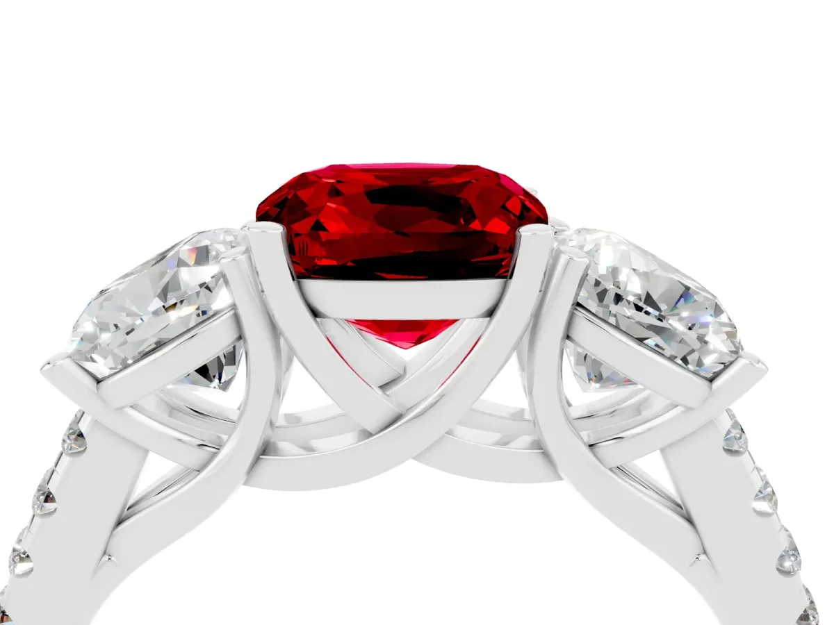 Three-Stone Cushion Cut Ruby Ring with Round Pavé Band and Prong Setting White gold