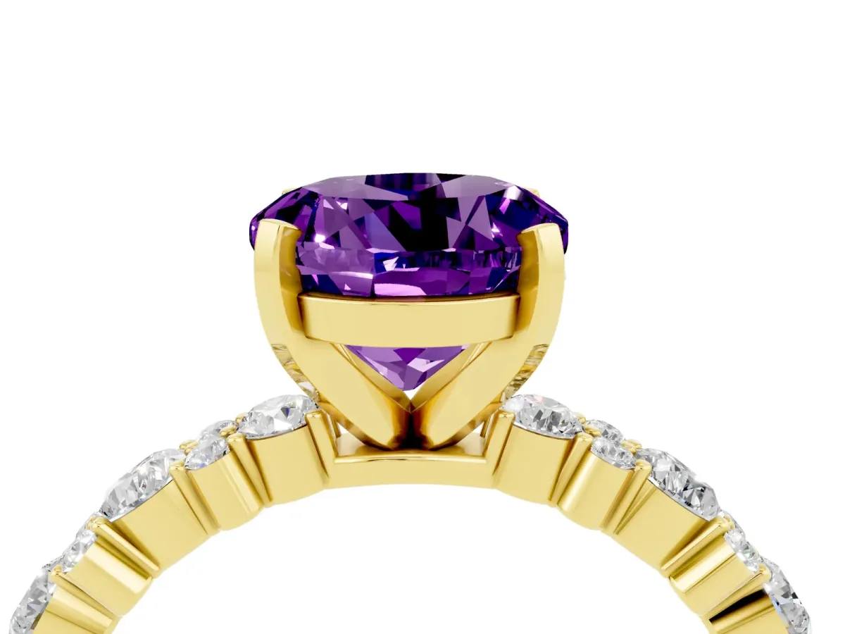 Round Cut Amethyst Side Stone Solitaire Ring with Round and Four-Prong Setting Yellow gold