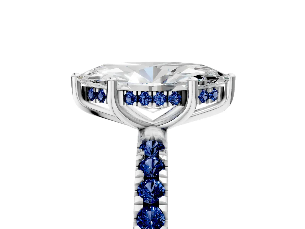 Marquise Cut Diamond Pave Band Solitaire Ring with Round Blue Sapphire and Prong Setting Platinum