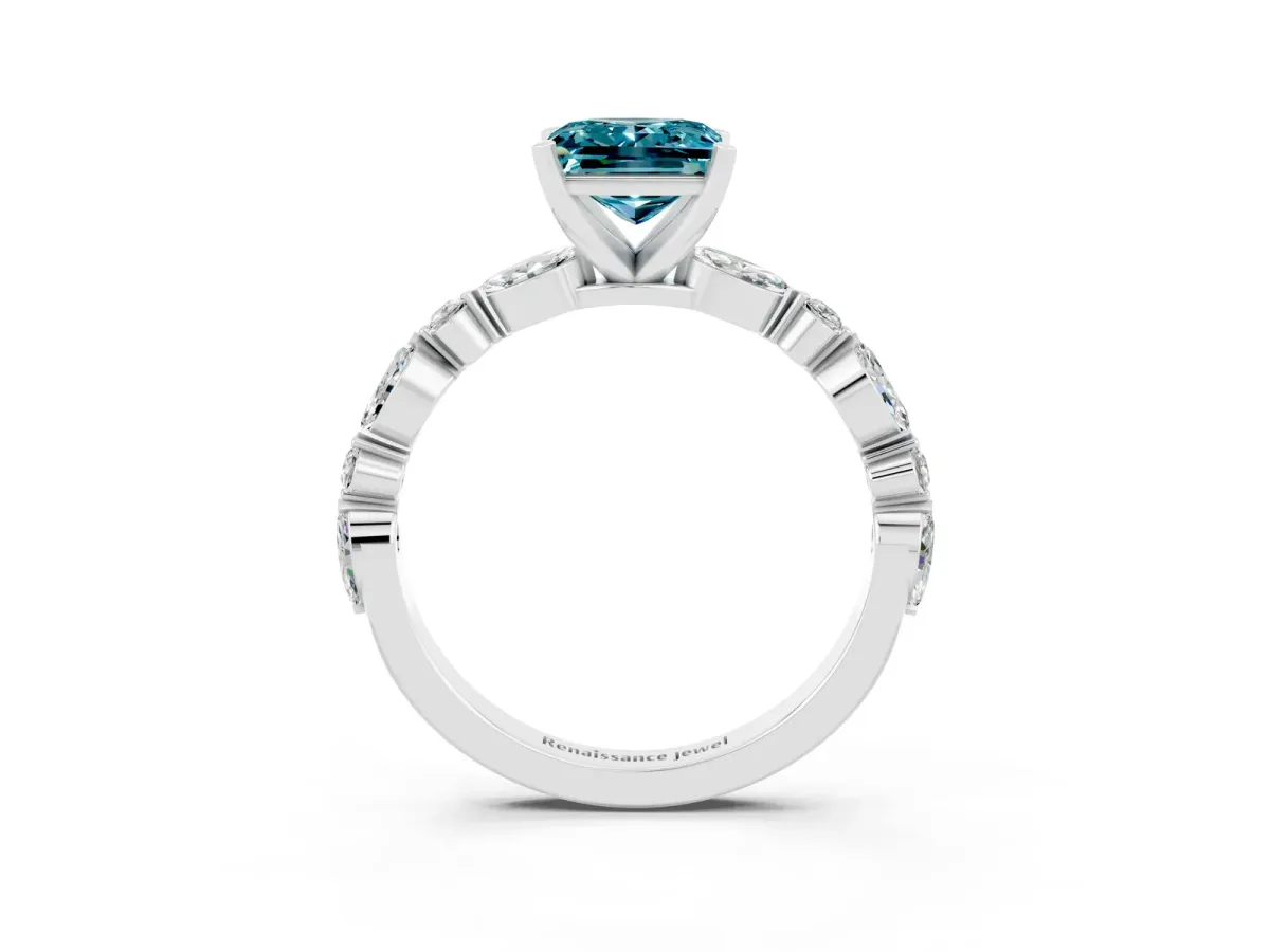 Princess Cut Blue Topaz Ring with Marquise and Round Side Stones and Four-Prong Setting Silver