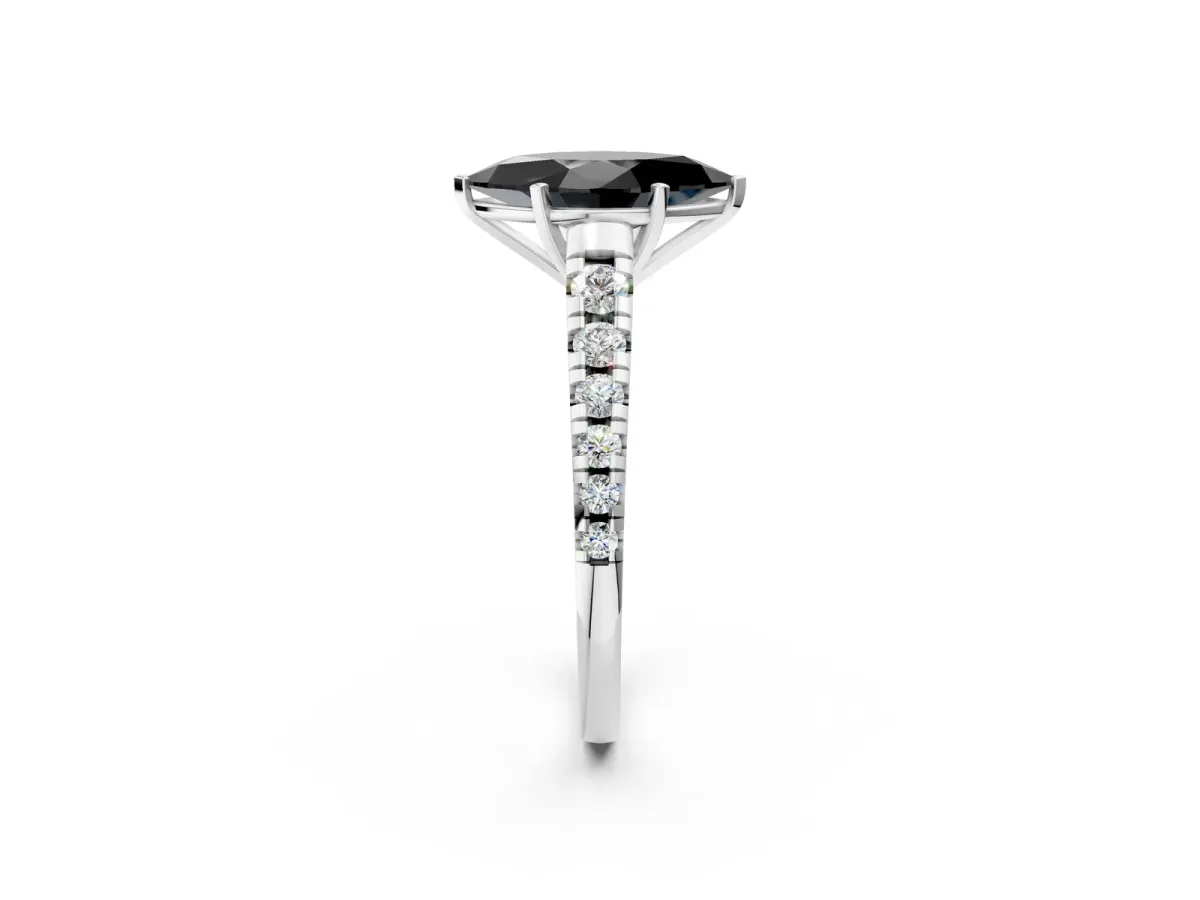 Fancy Black Marquise Cut Diamond Cathedral Solitaire Ring with Round Pavé Band Silver