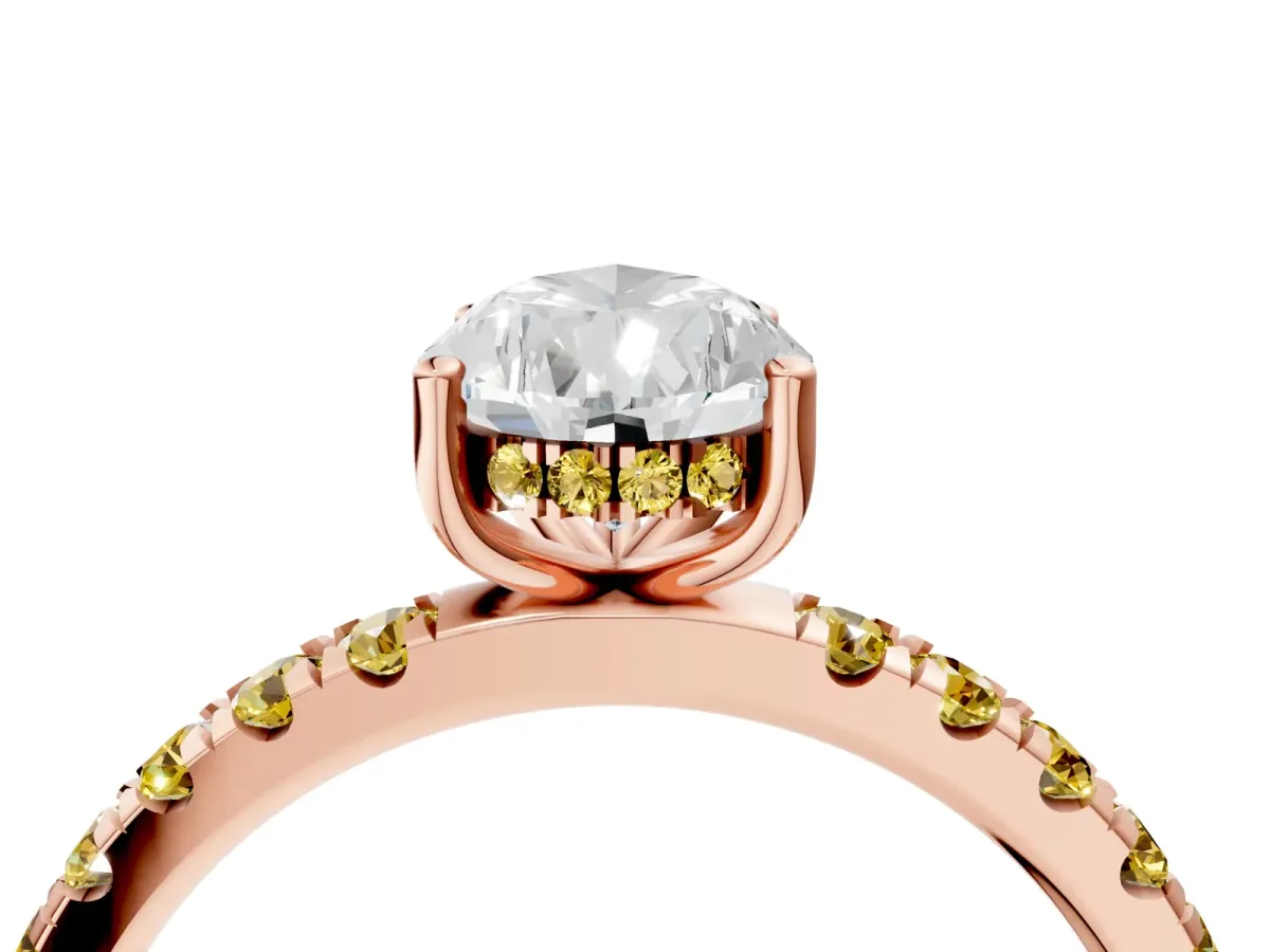 Pear Cut Diamond Pave Band Solitaire Ring with Round Yellow Sapphire and Prong Setting Rose gold