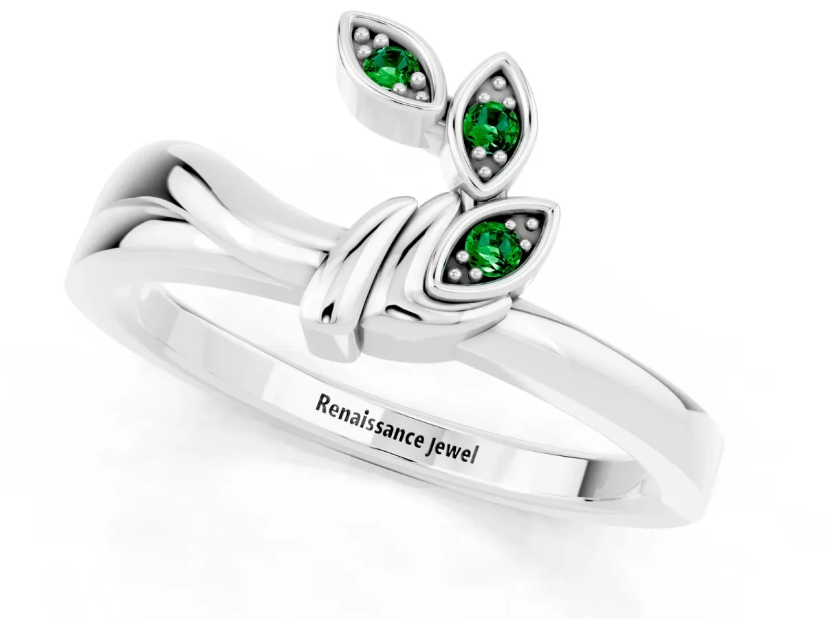 Three-Stone Round Emerald Leaf Bypass Ring with Bezel Setting Silver