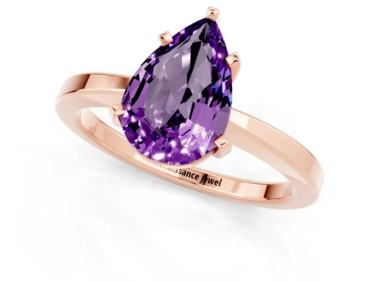 Pear Cut Amethyst Solitaire Engagement Ring with Classic Band and Four-Prong Setting Rose gold