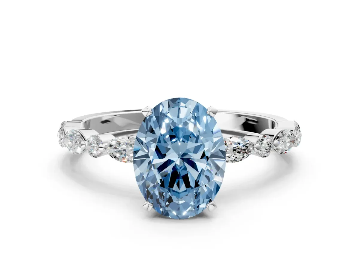 Fancy Blue Oval Cut Diamond Ring with Marquise and Round Side Stones and Four-Prong Setting Platinum