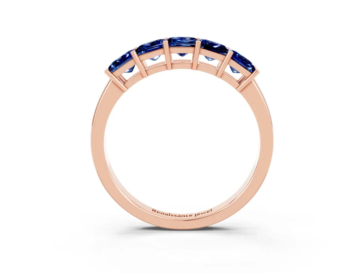 Princess Cut Five-Stone Blue Sapphire Band with Prong Setting Rose gold