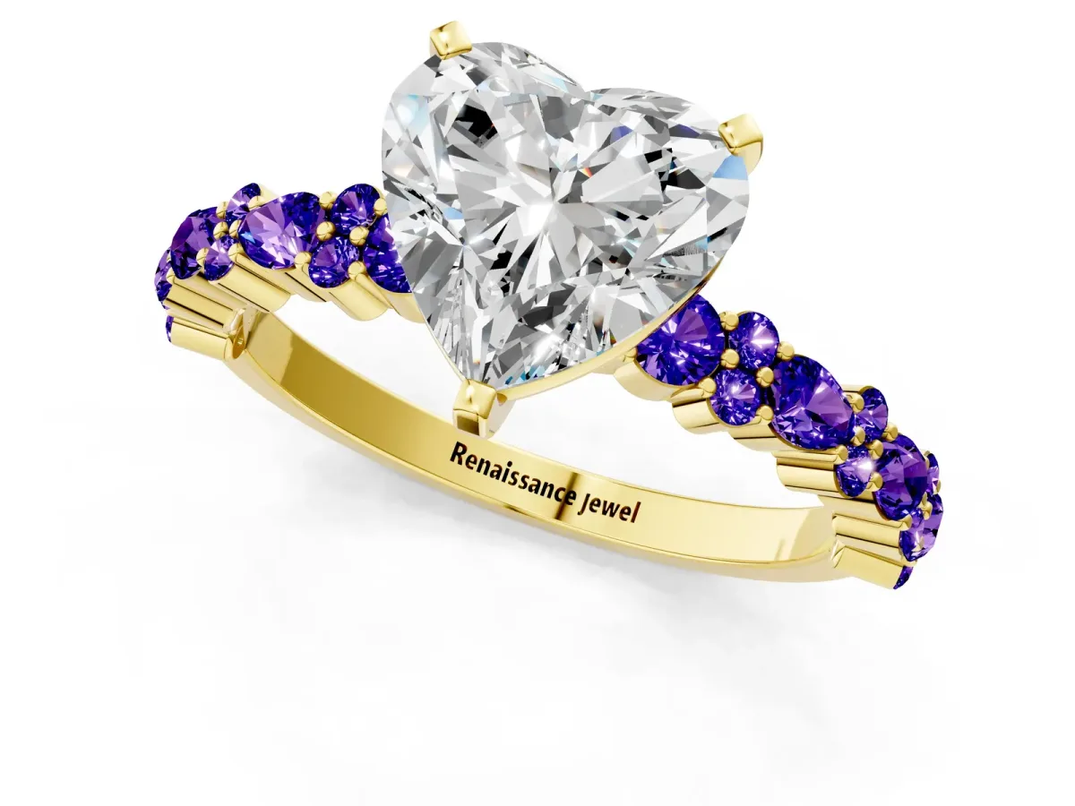 Heart Cut Diamond Side Stone Solitaire Ring with Round Tanzanite and Four-Prong Setting Yellow gold