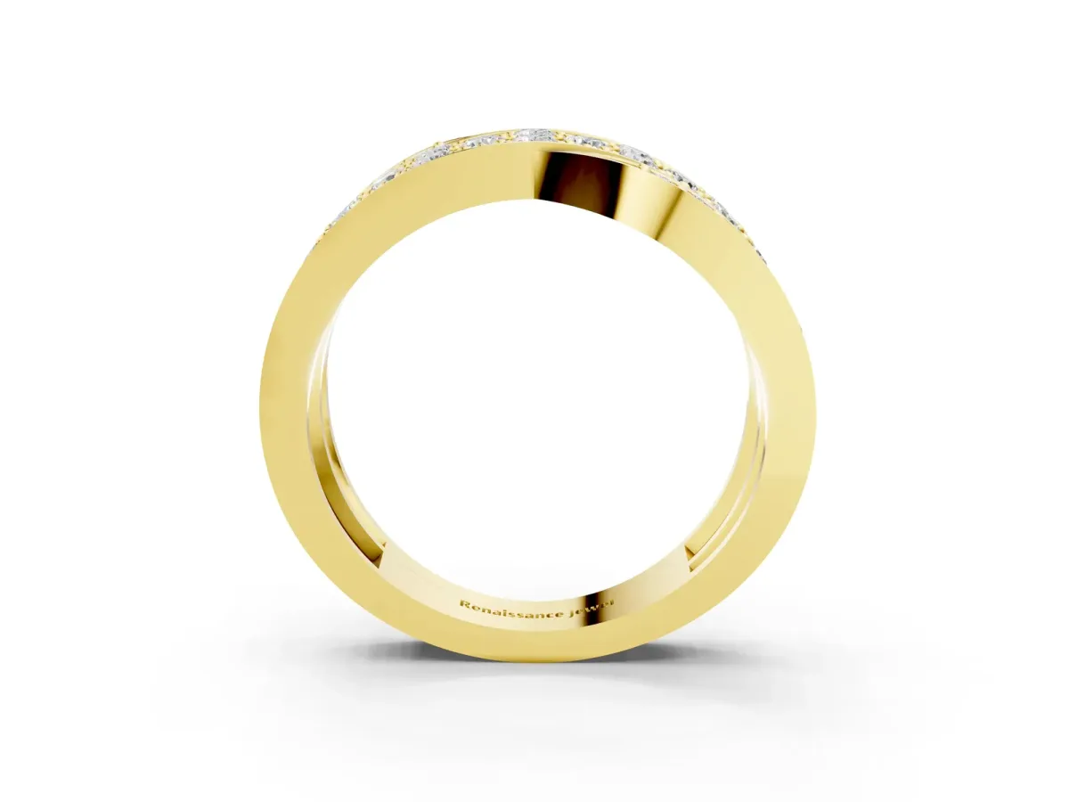 Pavé Round Diamond Crossover Band with Bead Prong Setting Yellow gold