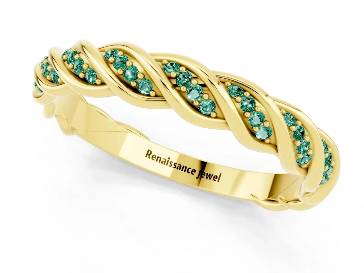 Twisted Pavé Round Green Sapphire Eternity Band with Shared Prong Setting Yellow gold
