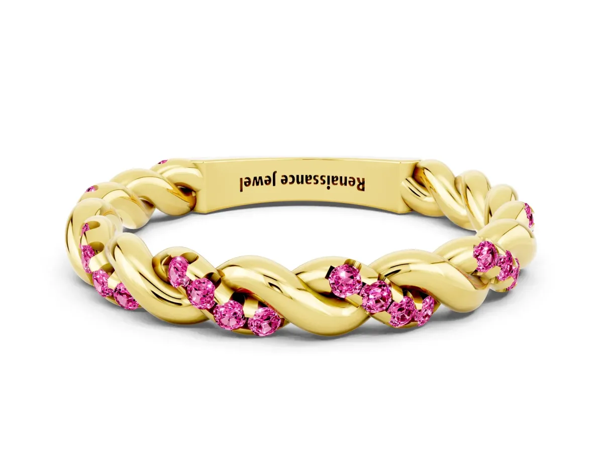 Twisted Pavé Round Pink Sapphire Eternity Band Yellow gold