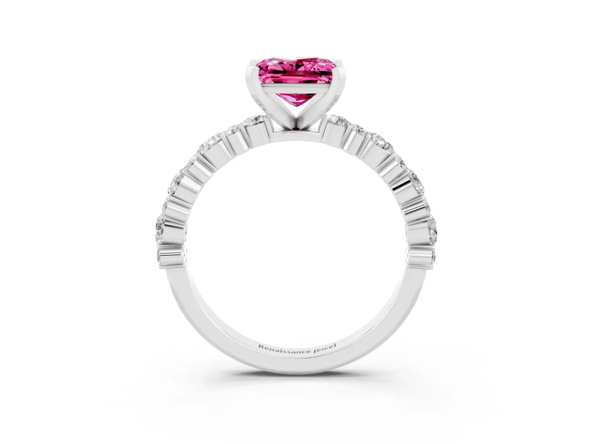 Princess Cut Pink Sapphire Side Stone Solitaire Ring with Round and Four-Prong Setting Platinum