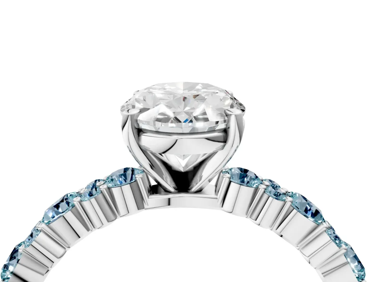 Oval Cut Diamond Side Stone Solitaire Ring with Round Aquamarine and Four-Prong Setting White gold