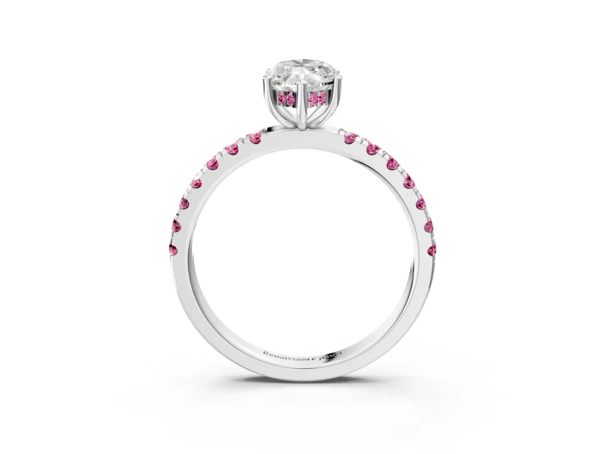 Marquise Cut Diamond Pave Band Solitaire Ring with Round Pink Sapphire and Prong Setting Silver