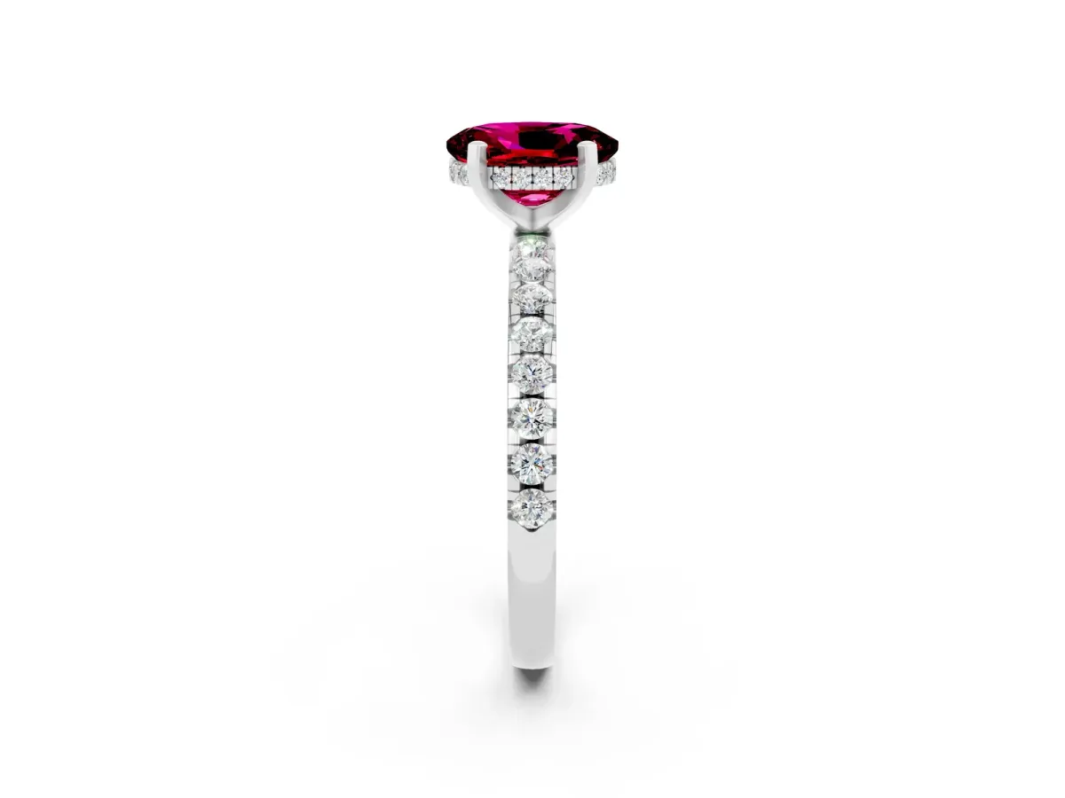 Oval Cut Garnet Solitaire Ring with Round Pavé Band and Four-Prong Setting White gold