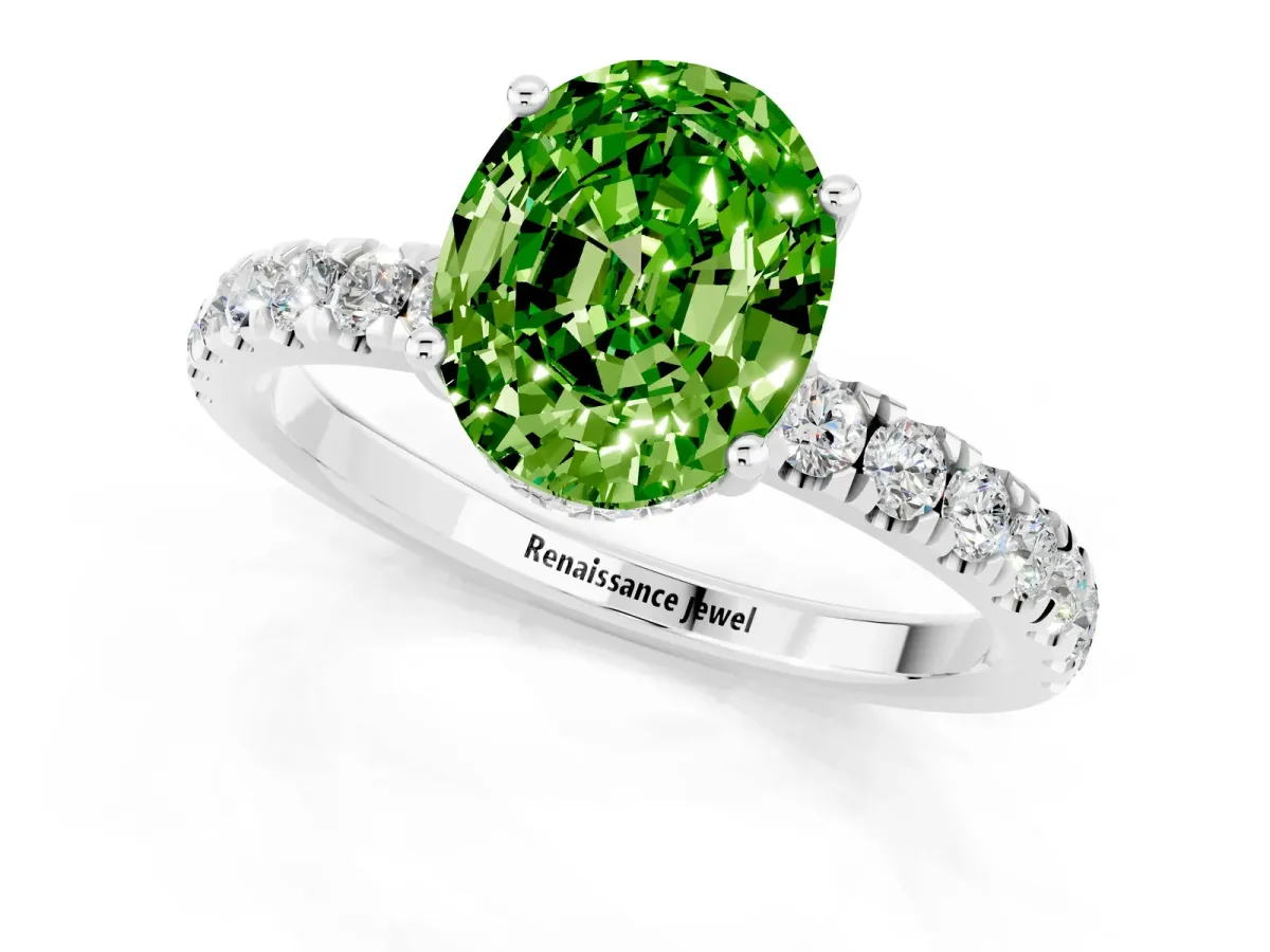 Oval Cut Peridot Pave Band Solitaire Ring with Round and Prong Setting Platinum