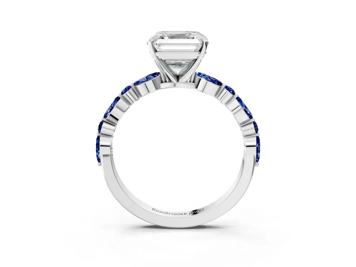 Asscher Cut Diamond Ring with Marquise and Round Blue Sapphire Side Stones and Four-Prong Setting Silver