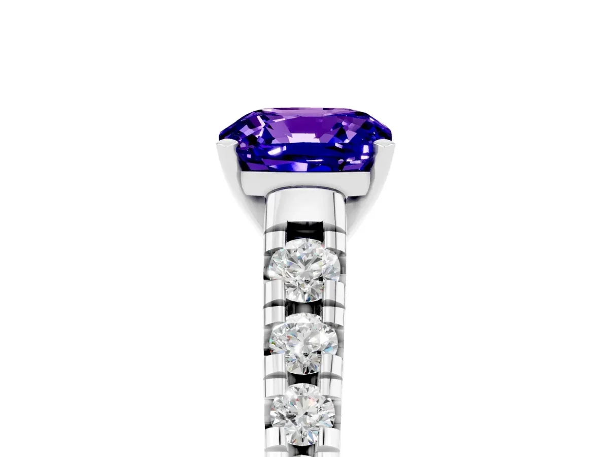 Cushion Cut Tanzanite Cathedral Solitaire Ring with Round Pavé Band Platinum