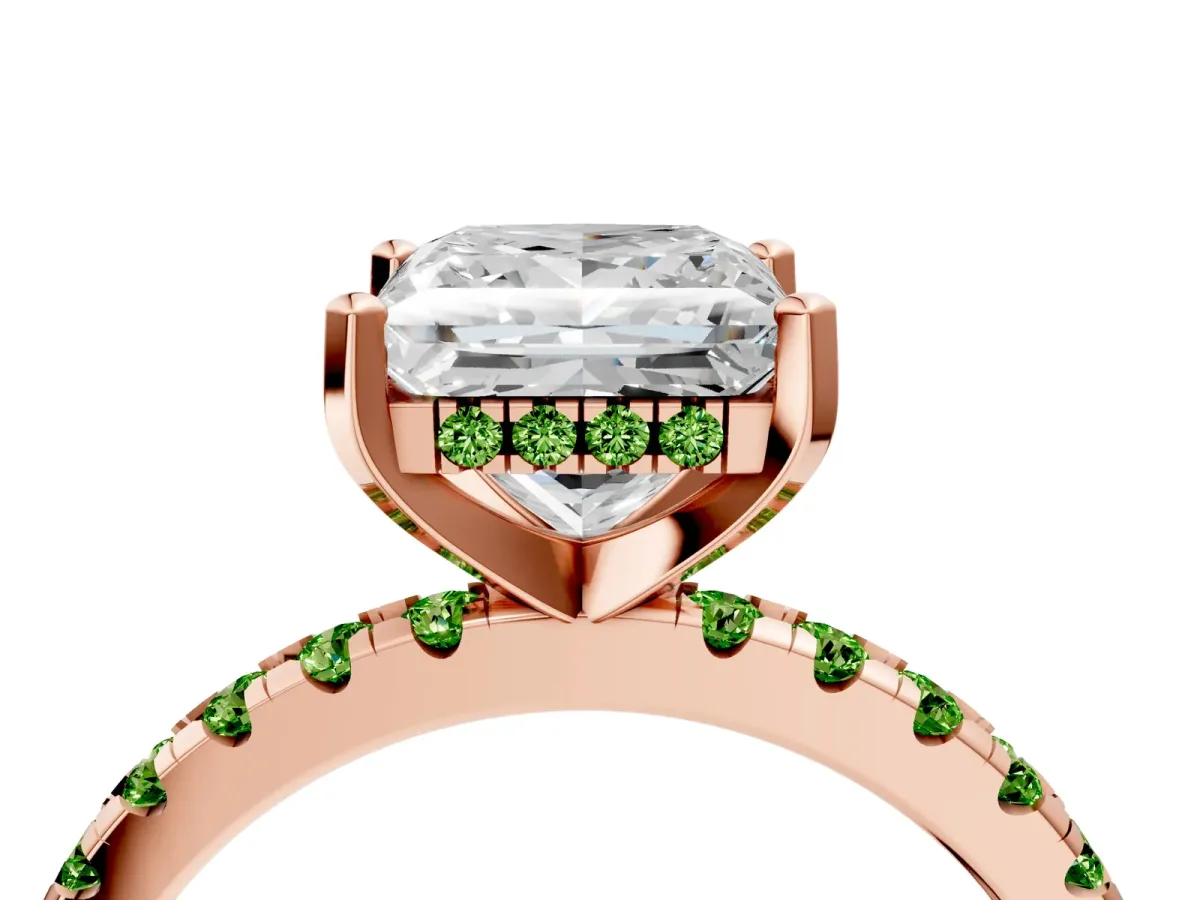 Princess Cut Diamond Solitaire Ring with Round Peridot Pavé Band and Four-Prong Setting Rose gold