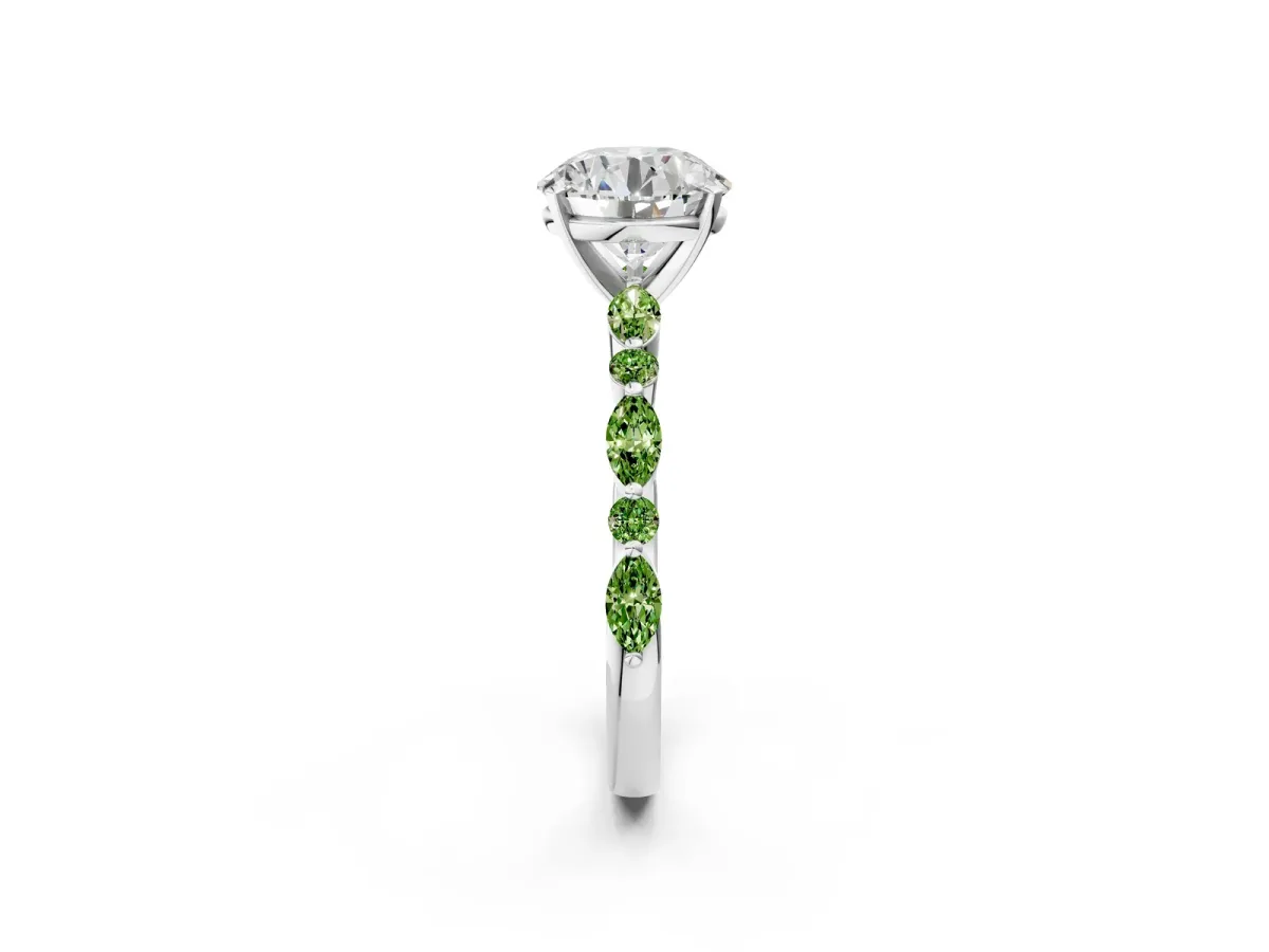 Round Cut Diamond Ring with Marquise and Round Peridot Side Stones and Four-Prong Setting Silver