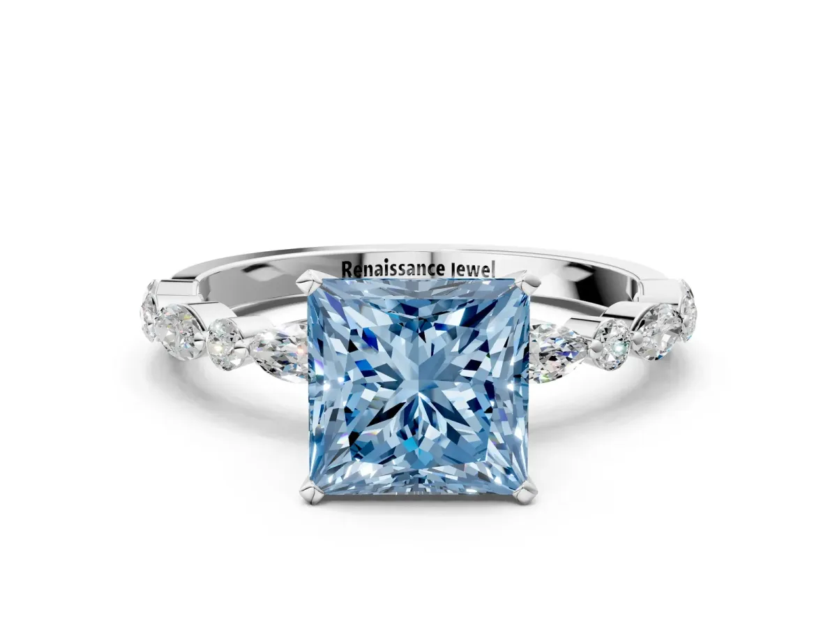 Fancy Blue Princess Cut Diamond Ring with Marquise and Round Side Stones and Four-Prong Setting Platinum
