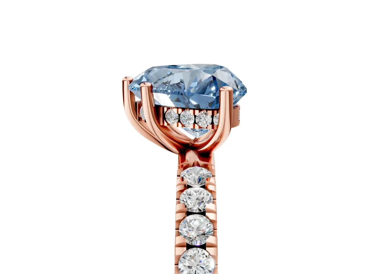 Fancy Blue Heart Cut Diamond Pave Band Solitaire Ring with Round and Prong Setting Rose gold