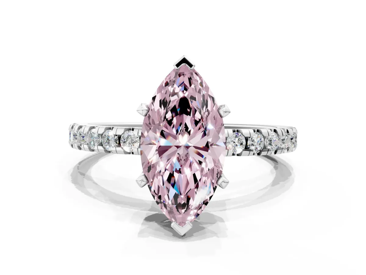 Fancy Pink Marquise Cut Diamond Solitaire Ring with Round Pavé Band and Four-Prong Setting Silver