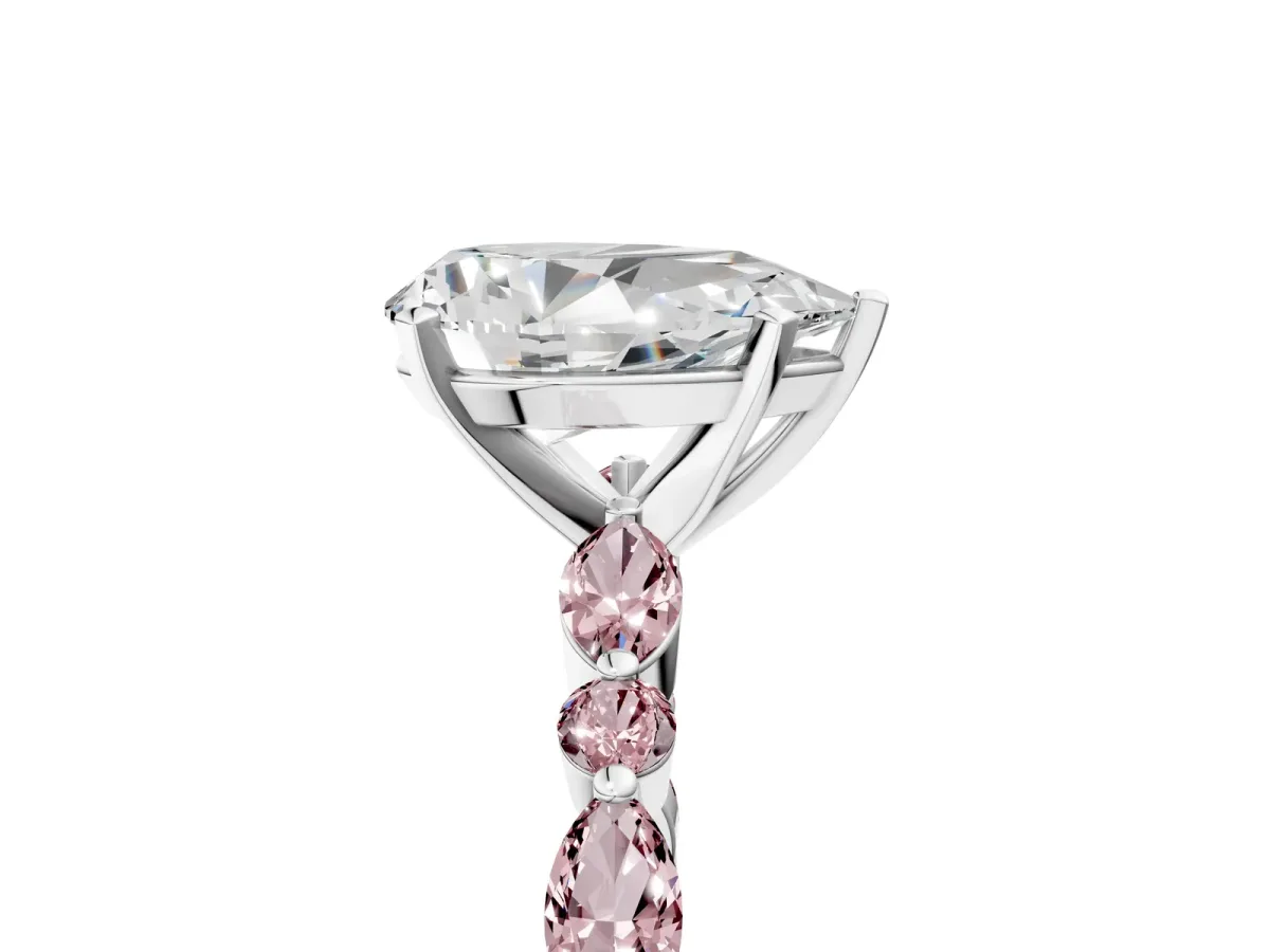 Pear Cut Diamond Ring with Marquise and Round Morganite Side Stones and Four-Prong Setting Silver