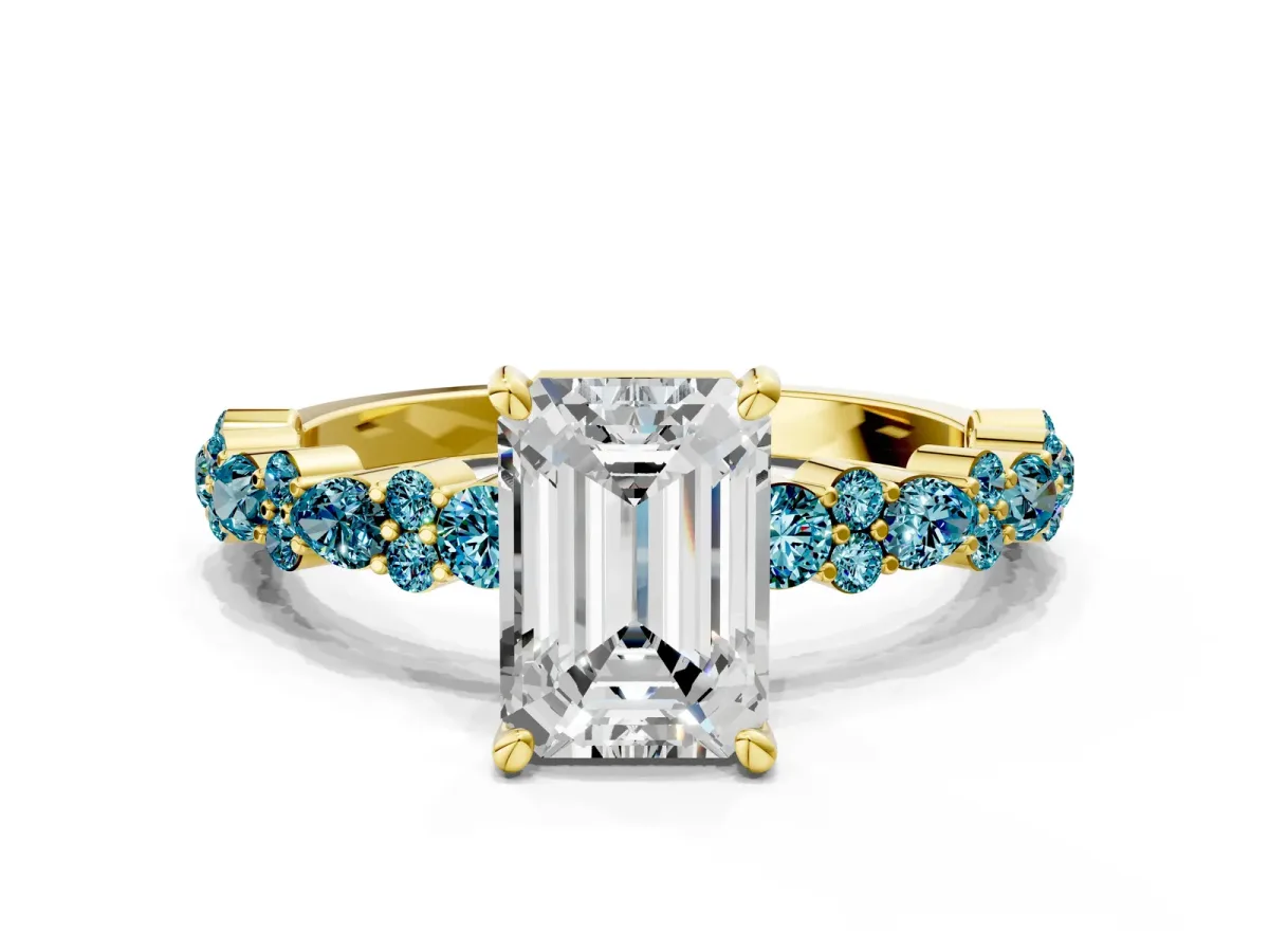 Emerald Cut Diamond Side Stone Solitaire Ring with Round Blue Topaz and Four-Prong Setting Yellow gold