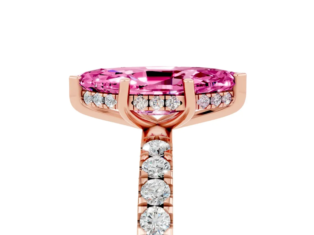 Marquise Cut Pink Sapphire Pave Band Solitaire Ring with Round and Prong Setting Rose gold