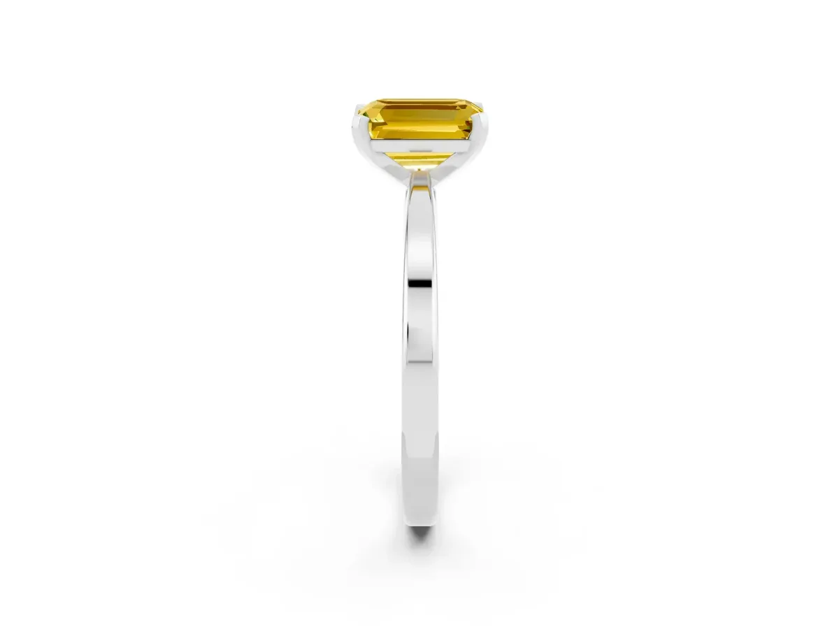 Emerald Cut Yellow Sapphire Solitaire Engagement Ring with Classic Band and Four-Prong Setting Silver