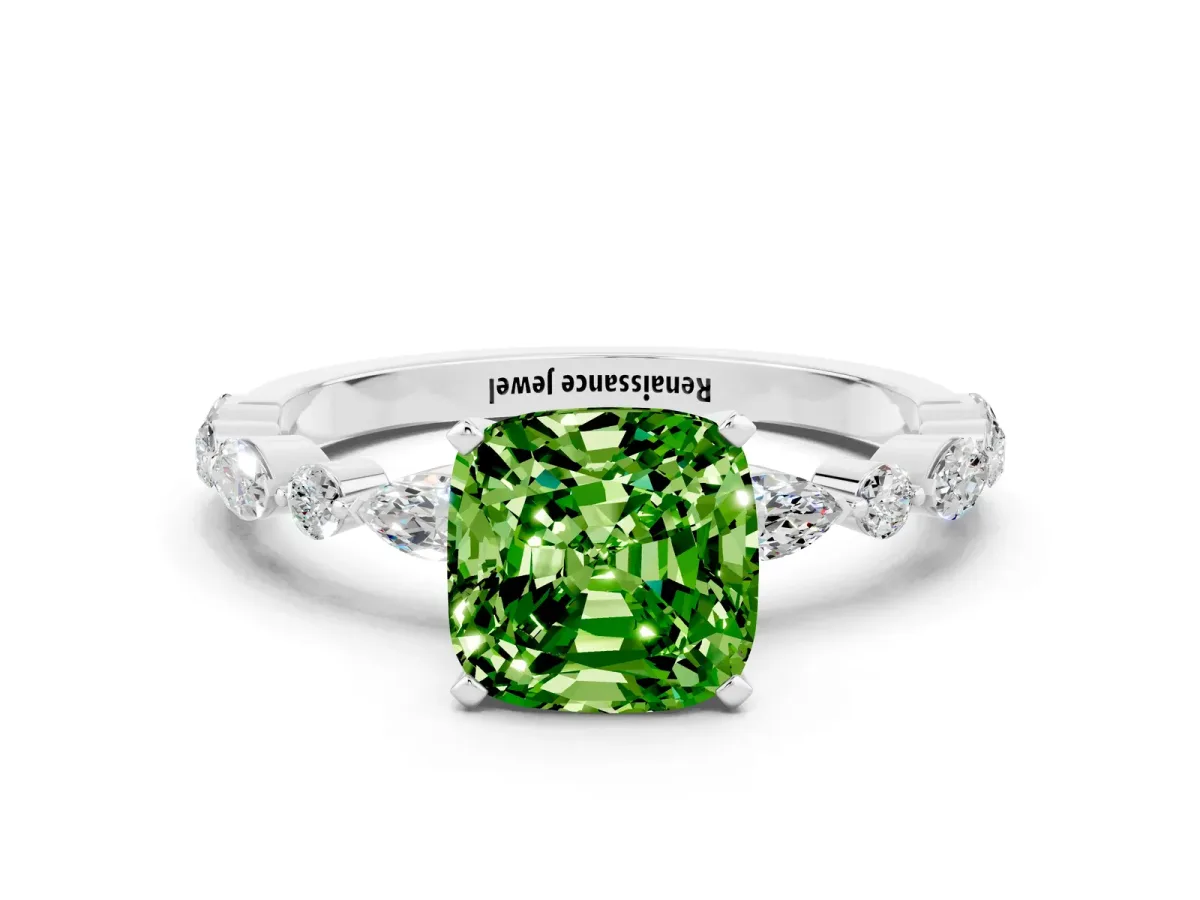 Cushion Cut Peridot Ring with Marquise and Round Side Stones and Four-Prong Setting Silver