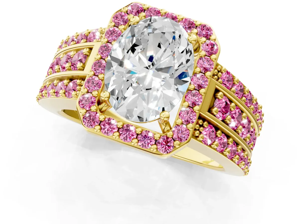 Oval Cut Halo Diamond Ring with Round Pink Sapphire Split Shank and Prong Setting Yellow gold