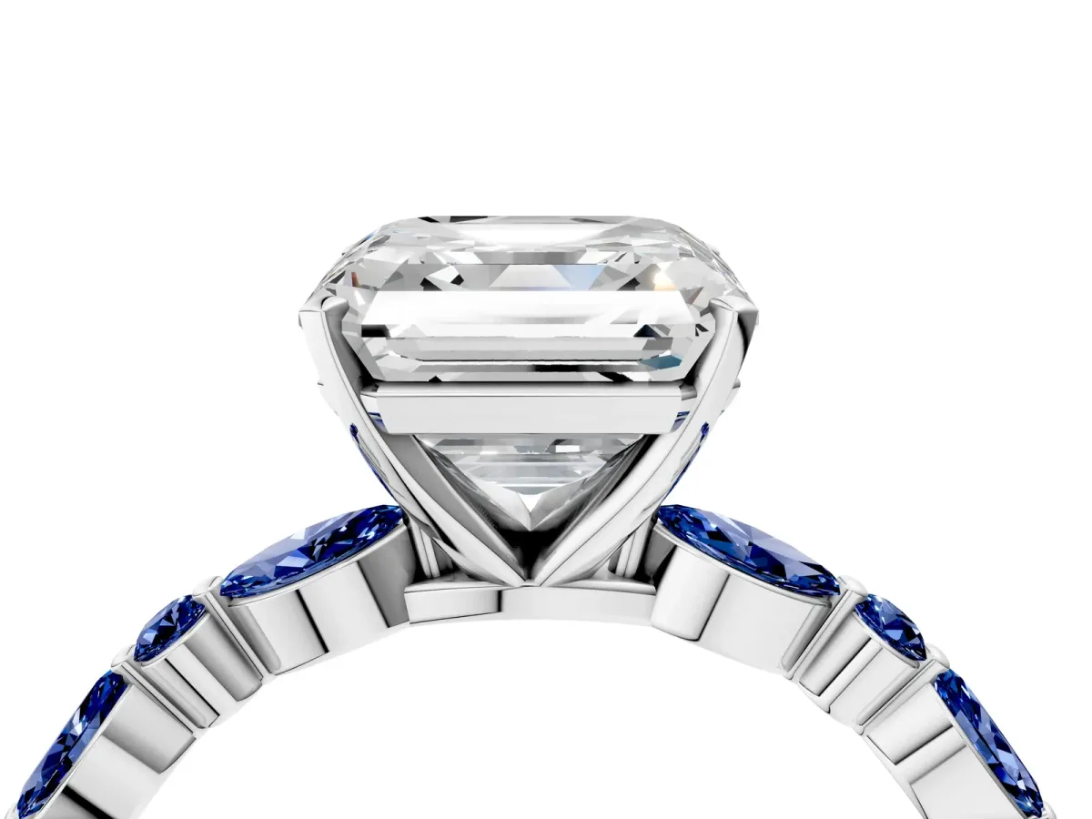 Asscher Cut Diamond Ring with Marquise and Round Blue Sapphire Side Stones and Four-Prong Setting Silver