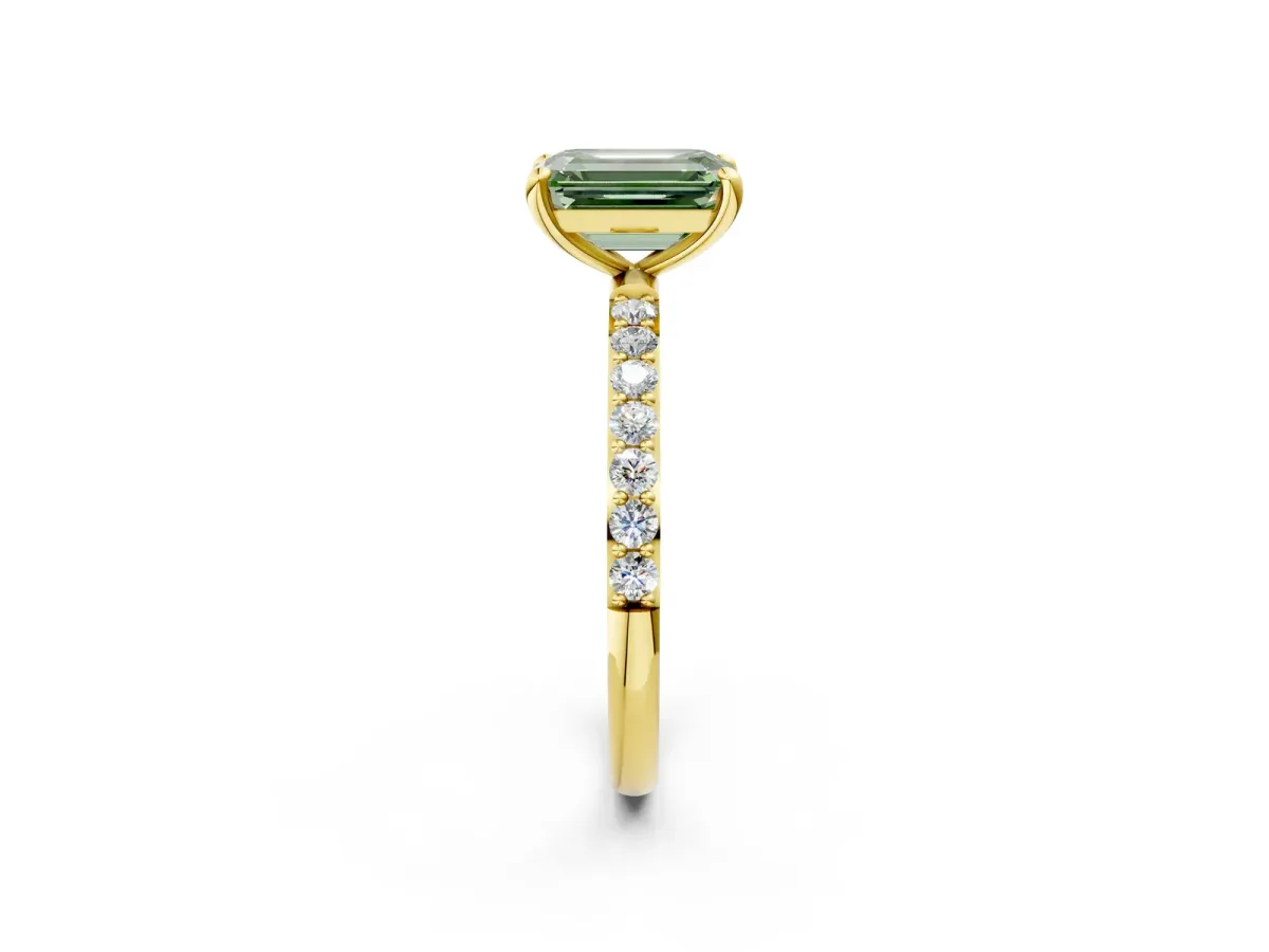 Fancy Green Emerald Cut Diamond Solitaire Ring with Round Pavé Band and Prong Setting Yellow gold