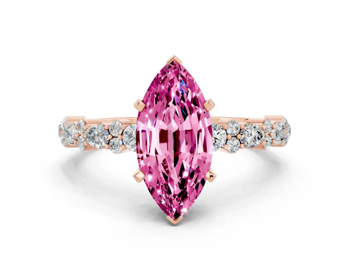 Marquise Cut Pink Sapphire Side Stone Solitaire Ring with Round and Four-Prong Setting Rose gold