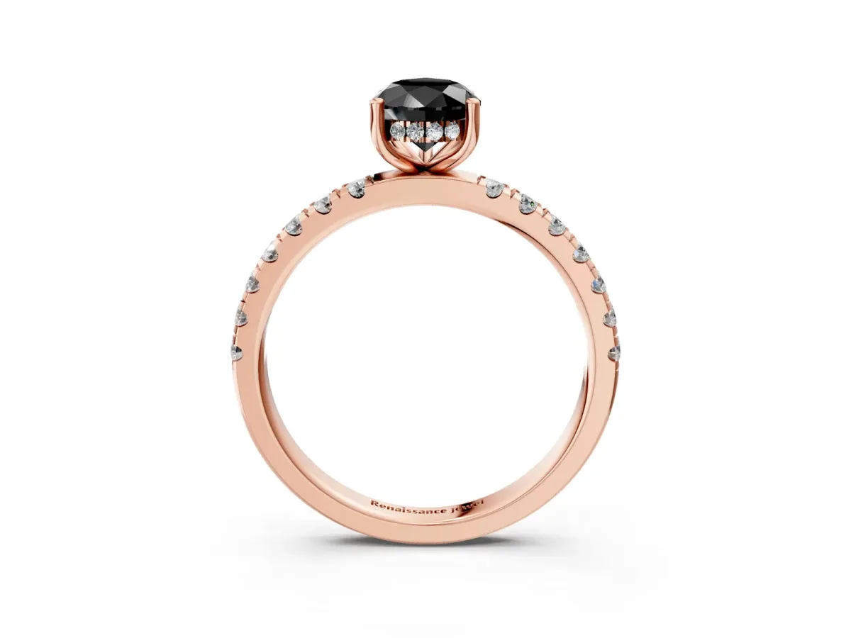 Fancy Black Pear Cut Diamond Pave Band Solitaire Ring with Round and Prong Setting Rose gold