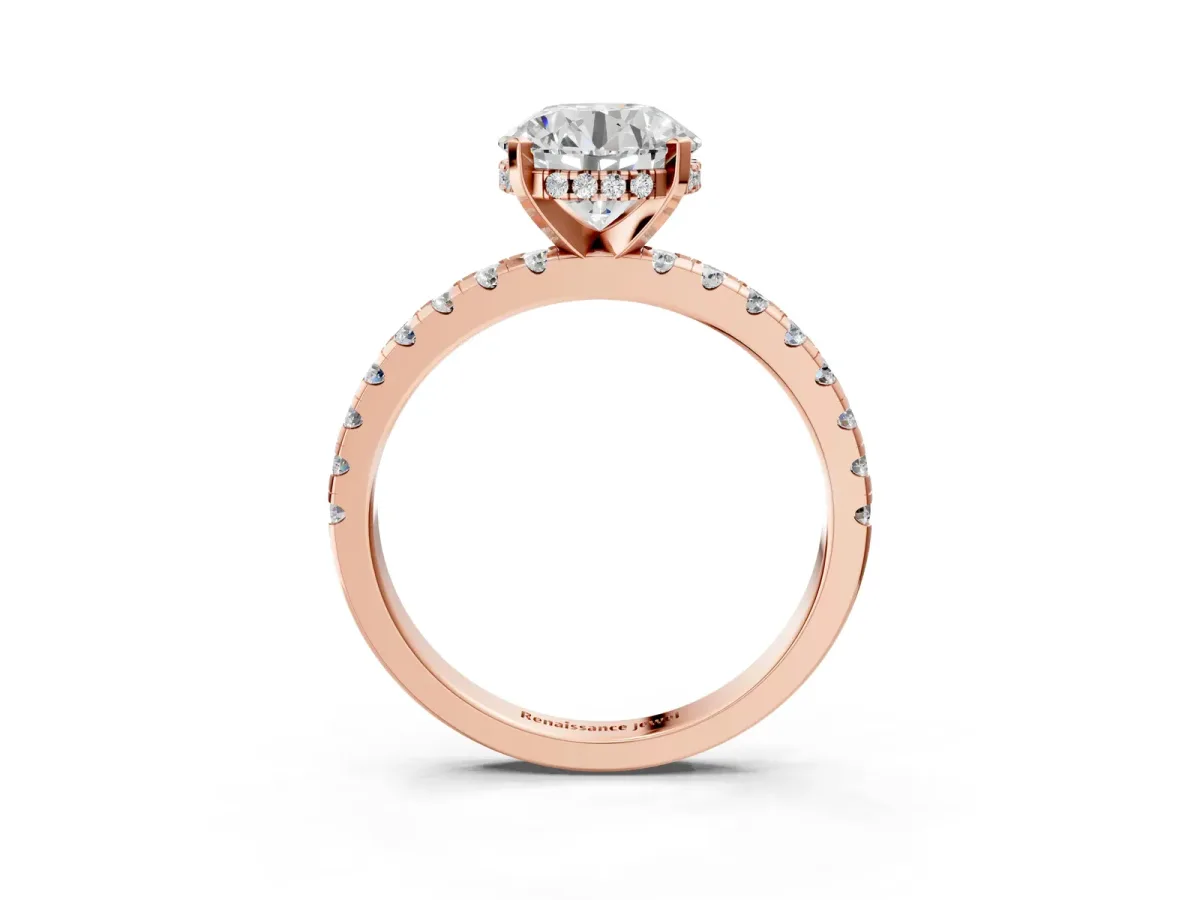 Round Cut Diamond Solitaire Ring with Round Moissanite Pavé Band and Four-Prong Setting Rose gold