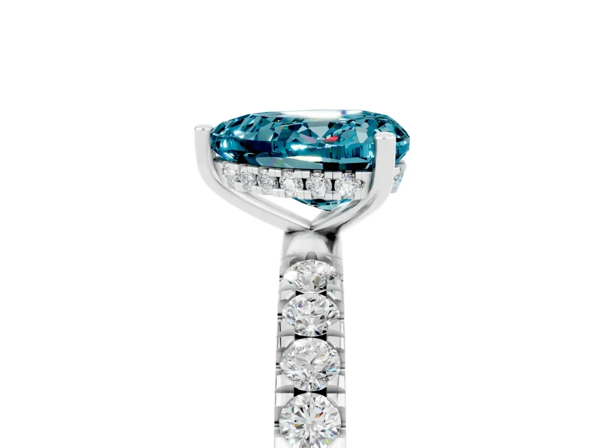 Heart Cut Blue Topaz Pave Band Solitaire Ring with Round and Prong Setting Platinum