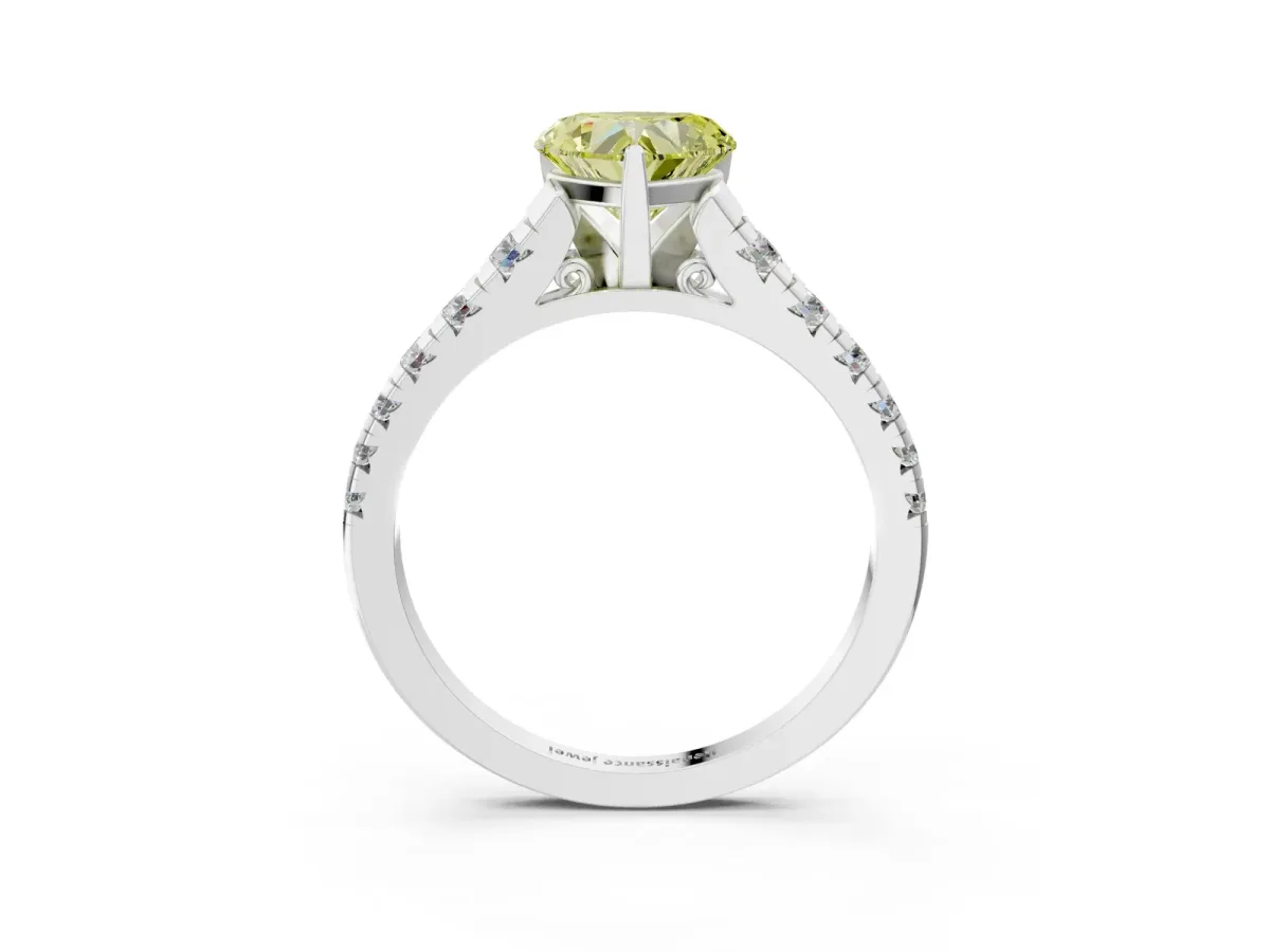 Fancy Yellow Heart Cut Diamond Cathedral Solitaire Ring with Round Pavé Band Platinum