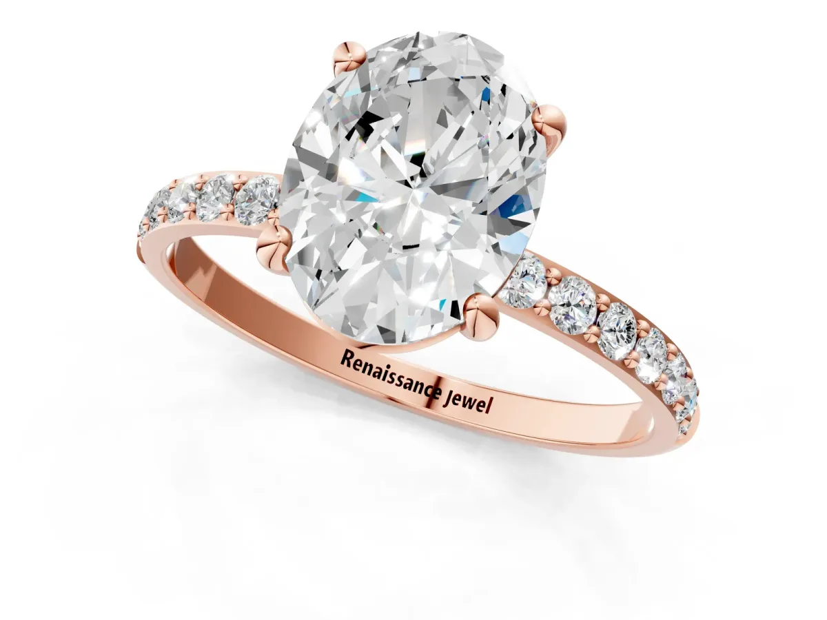 Oval Cut Diamond Solitaire Ring with Round Moissanite Pavé Band and Prong Setting Rose gold