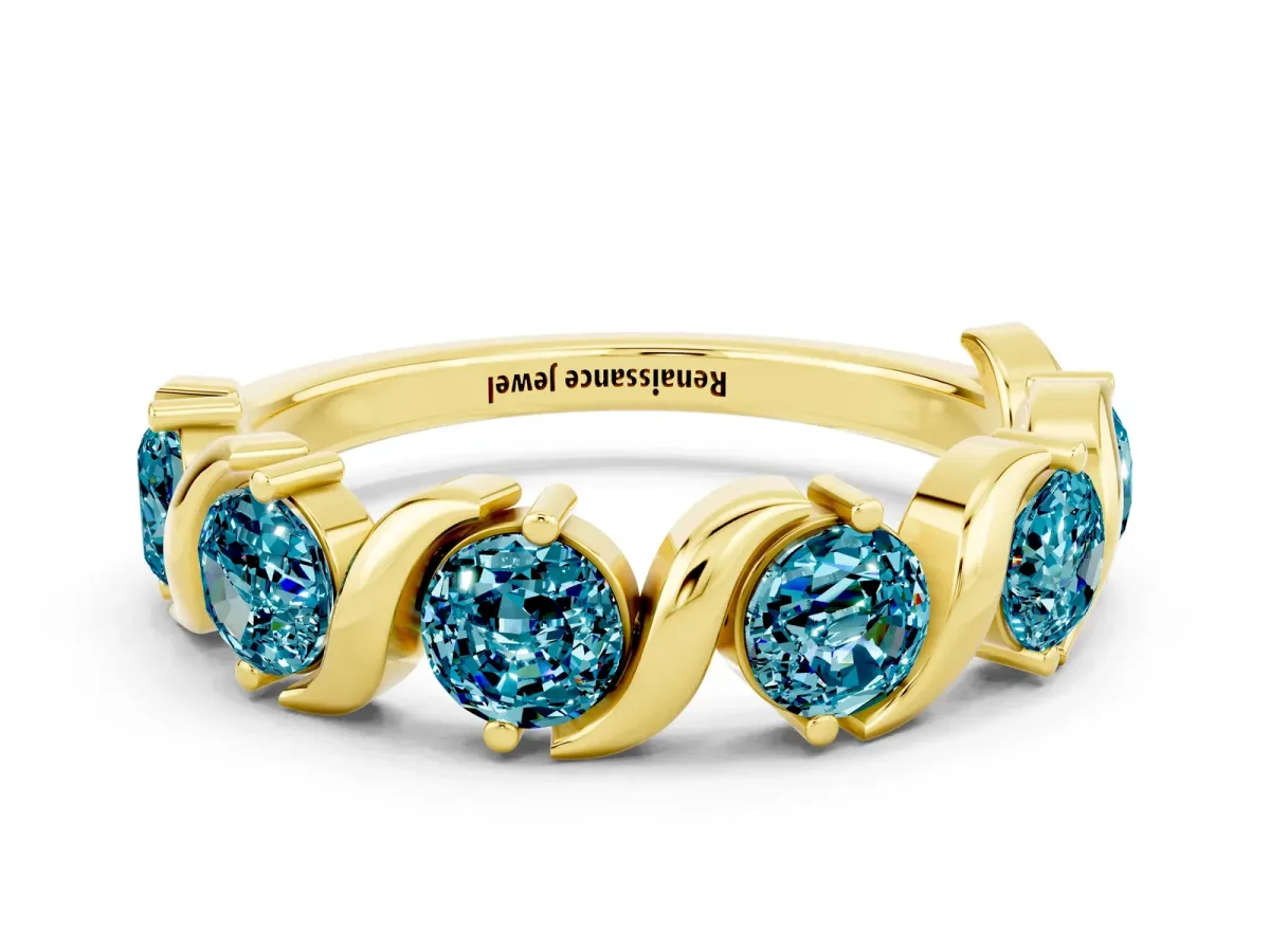 Six-Stone Round Blue Topaz Wave Band with Shared Prong Setting Yellow gold