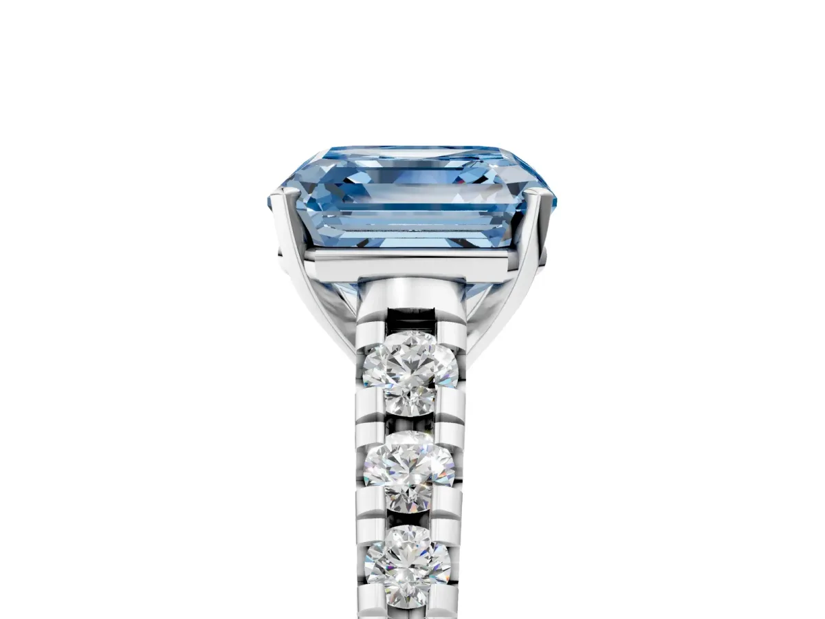Fancy Blue Asscher Cut Diamond Cathedral Solitaire Ring with Round Pavé Band Platinum