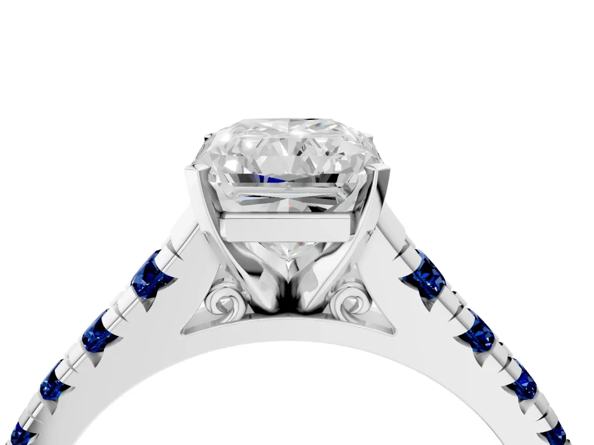 Radiant Cut Diamond Cathedral Solitaire Ring with Round Blue Sapphire Pavé Band Platinum