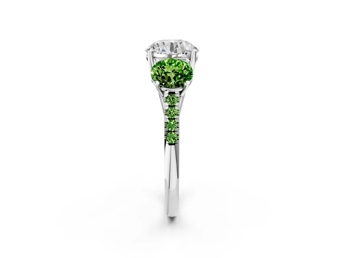 Three-Stone Round Cut Diamond Ring with Round Peridot Pavé Band and Prong Setting White gold