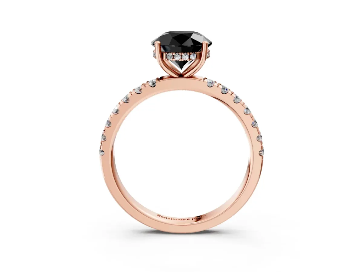 Fancy Black Round Cut Diamond Pave Band Solitaire Ring with Round and Prong Setting Rose gold