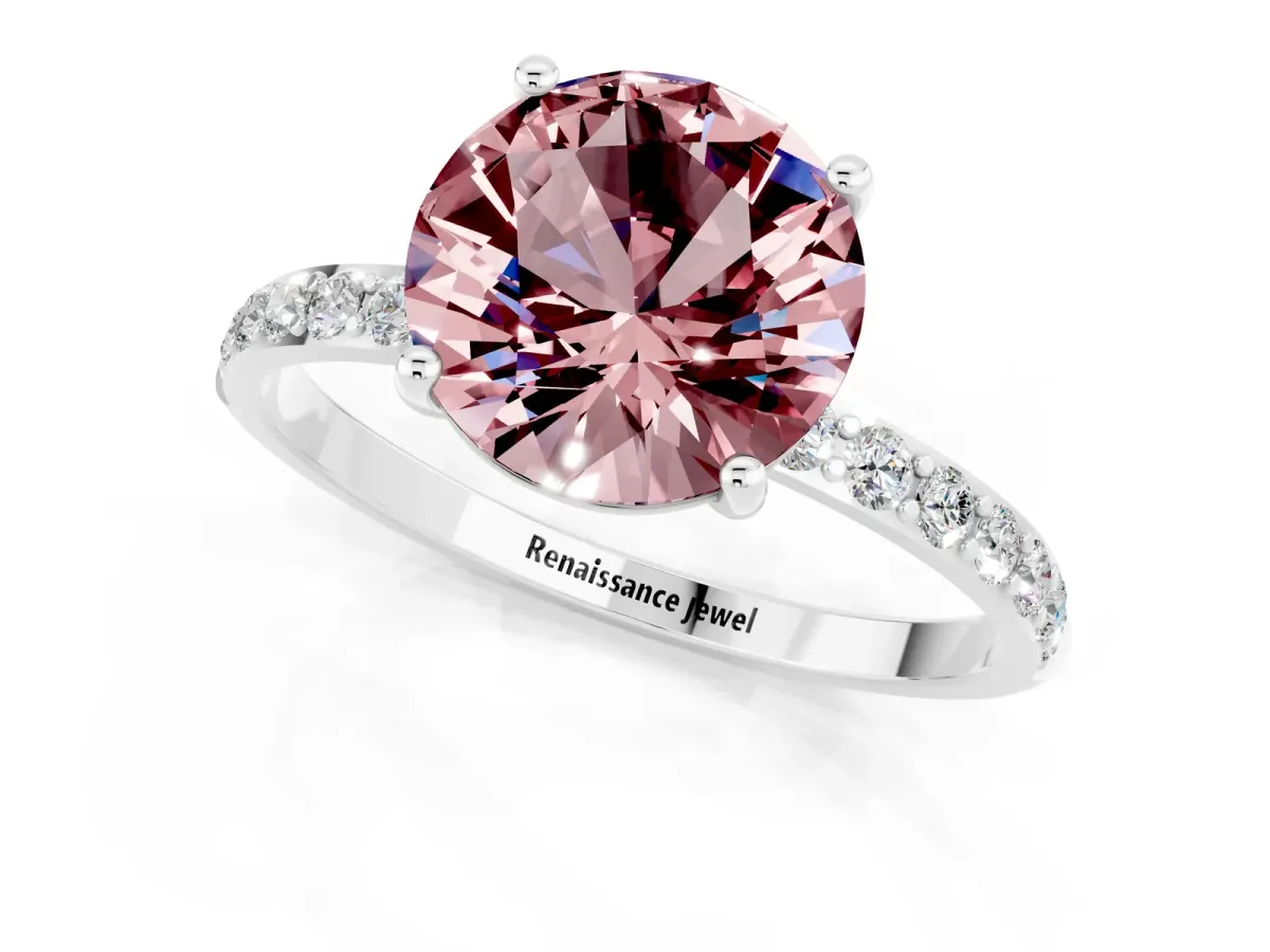 Round Cut Morganite Solitaire Ring with Round Pavé Band and Prong Setting White gold